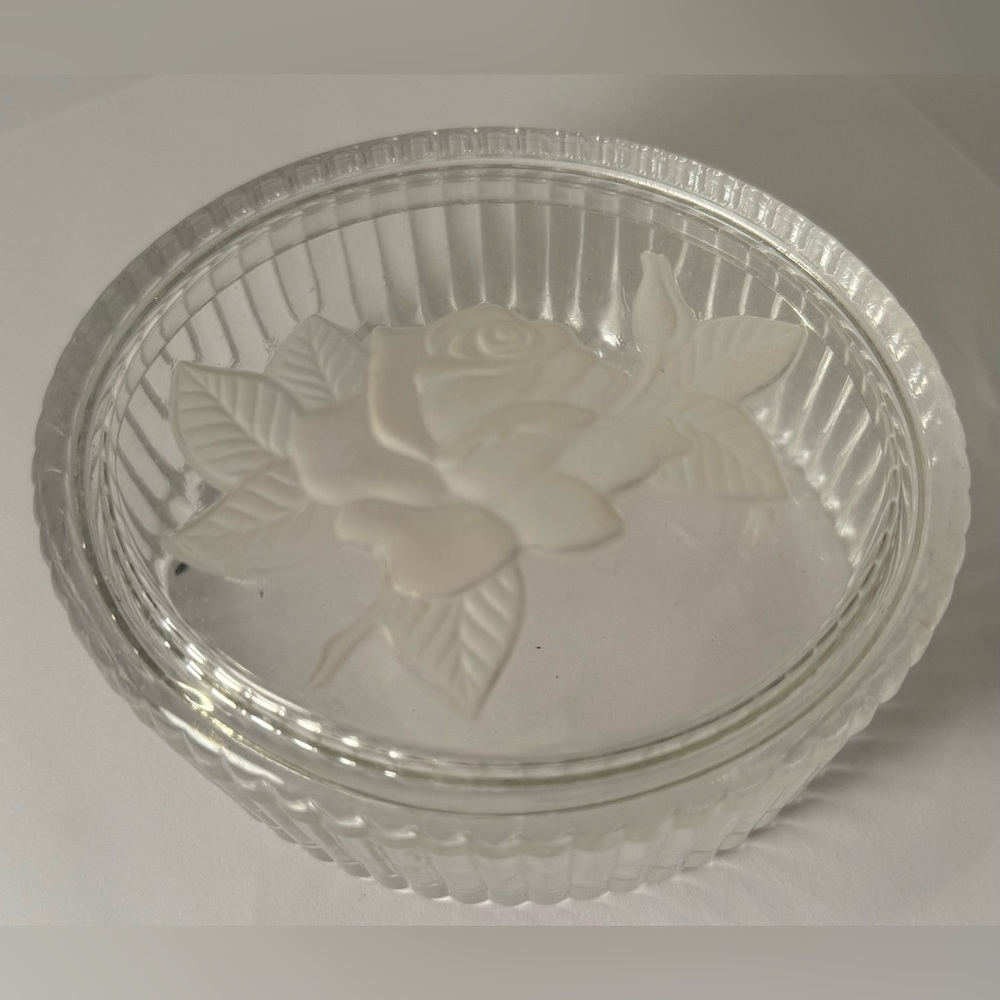 Vtg Teleflora Oval Rose Box Frosted Crystal Glass Jewelry Ribbed Trinket Clear